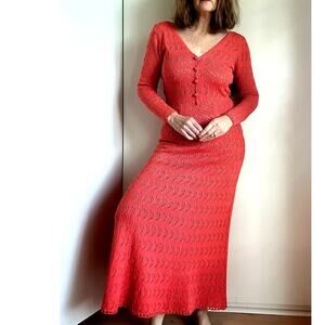 Vintage 60's Picardo Knits Maxi Dress Size S M Pink Coral Crochet Beachy Wedding